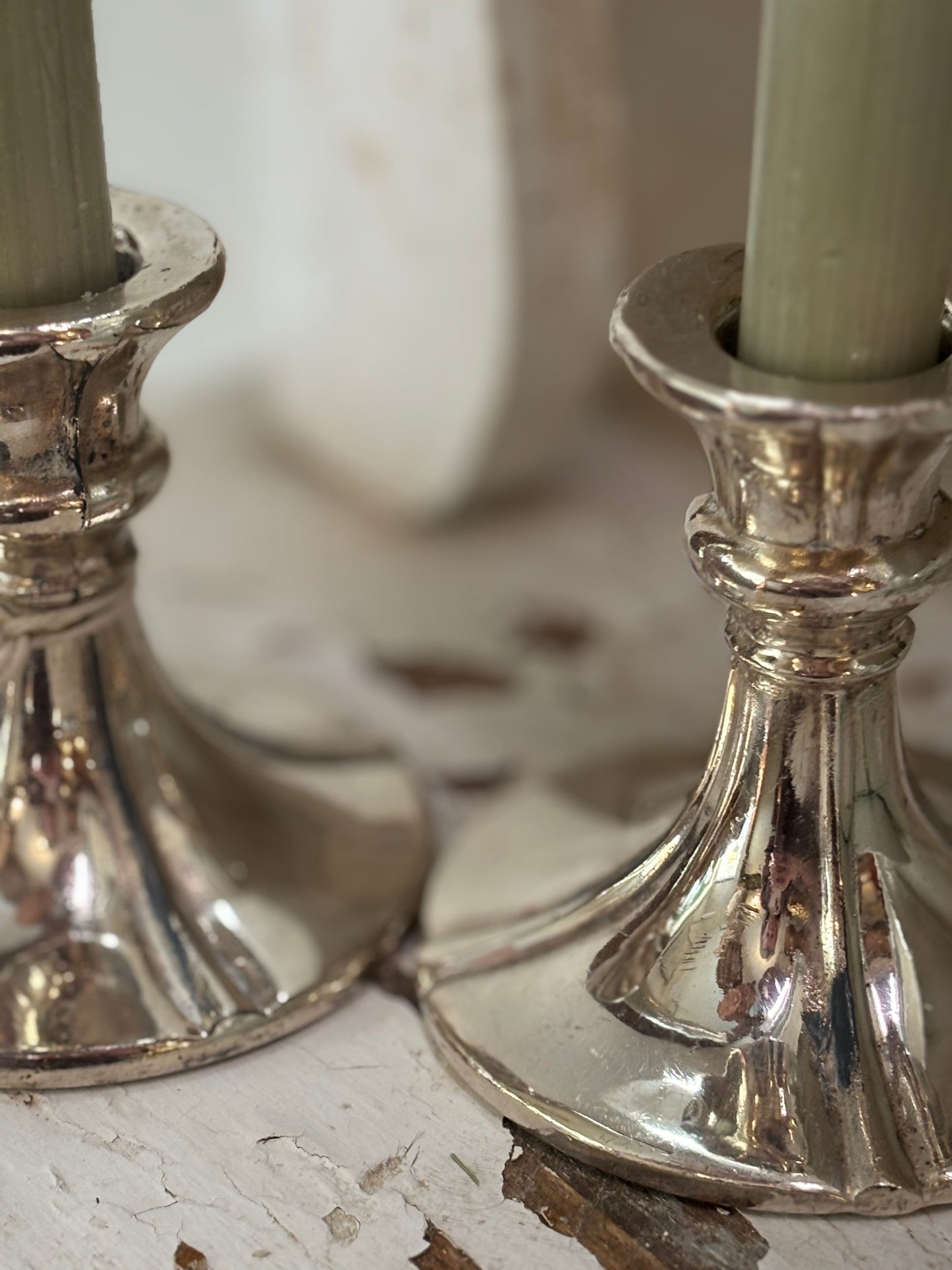 Vintage Short Silver Plate Taper Candlestick Pair