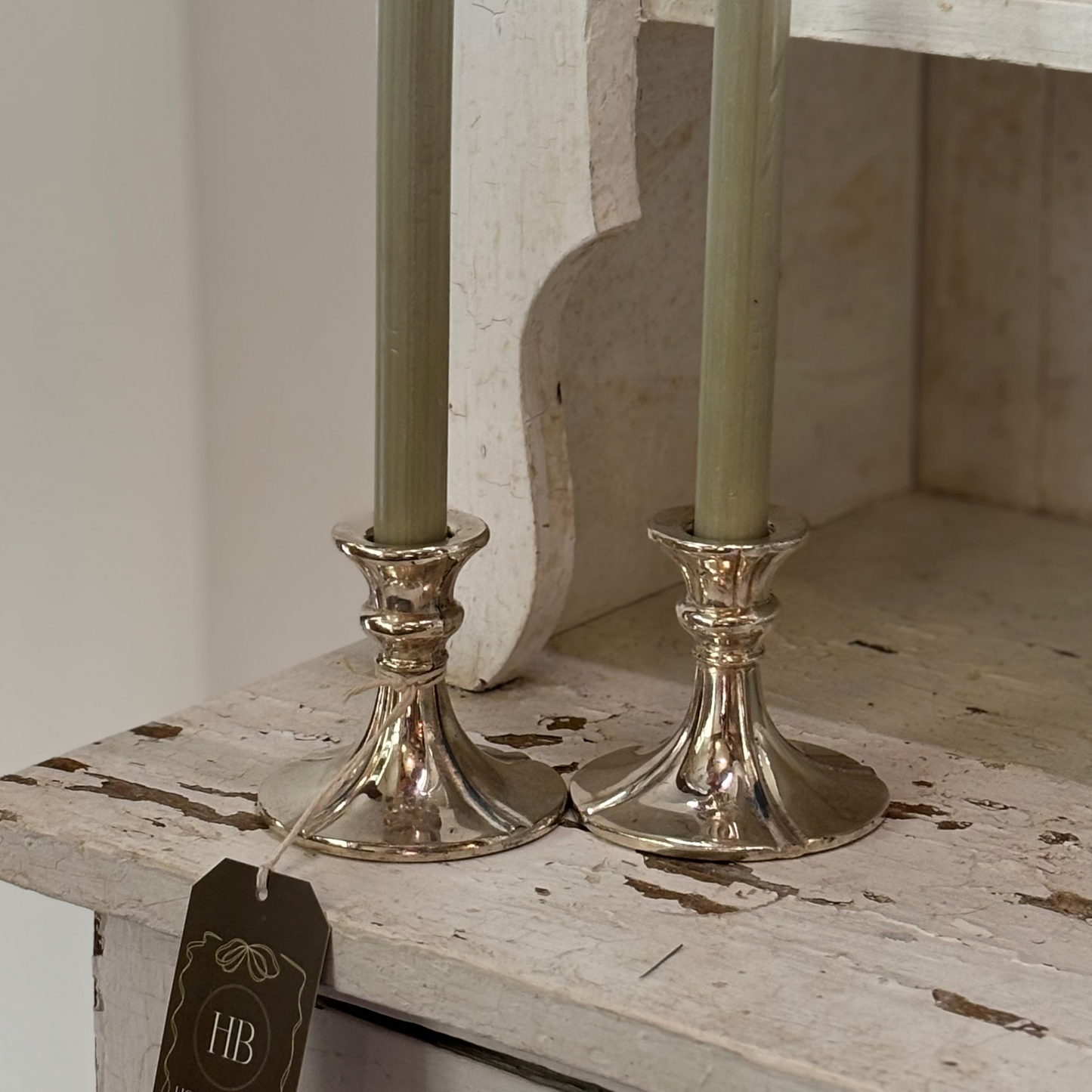 Vintage Short Silver Plate Taper Candlestick Pair