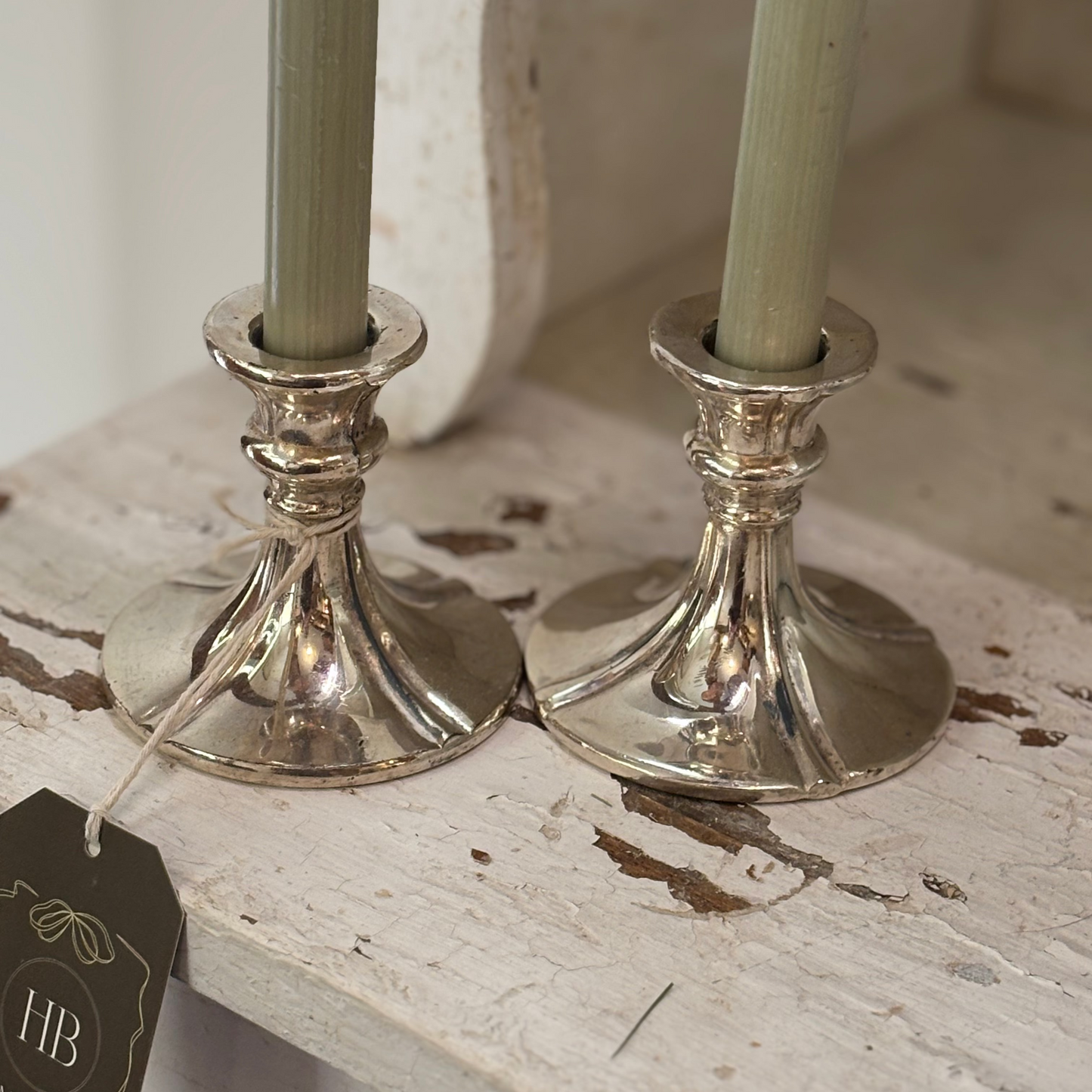 Vintage Short Silver Plate Taper Candlestick Pair